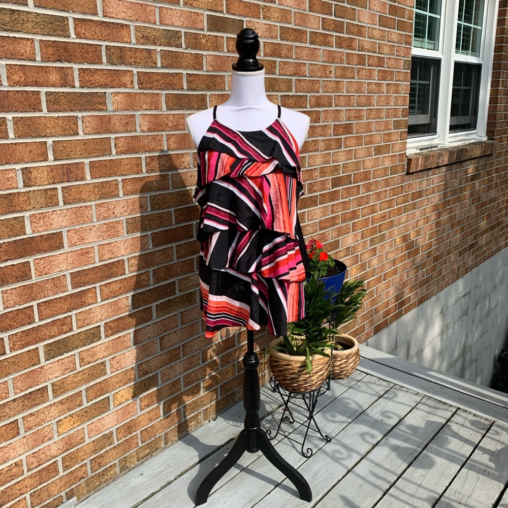 New Large Striped Tier Layered Tank Top Black Pink